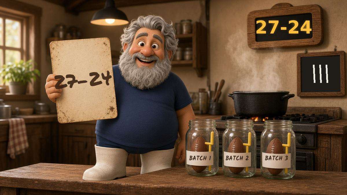 Cartoon Cajun cook holds a 27-24 recipe card beside three jars labeled Batch 1, 2 and 3 under a scoreboard stuck on 27-24