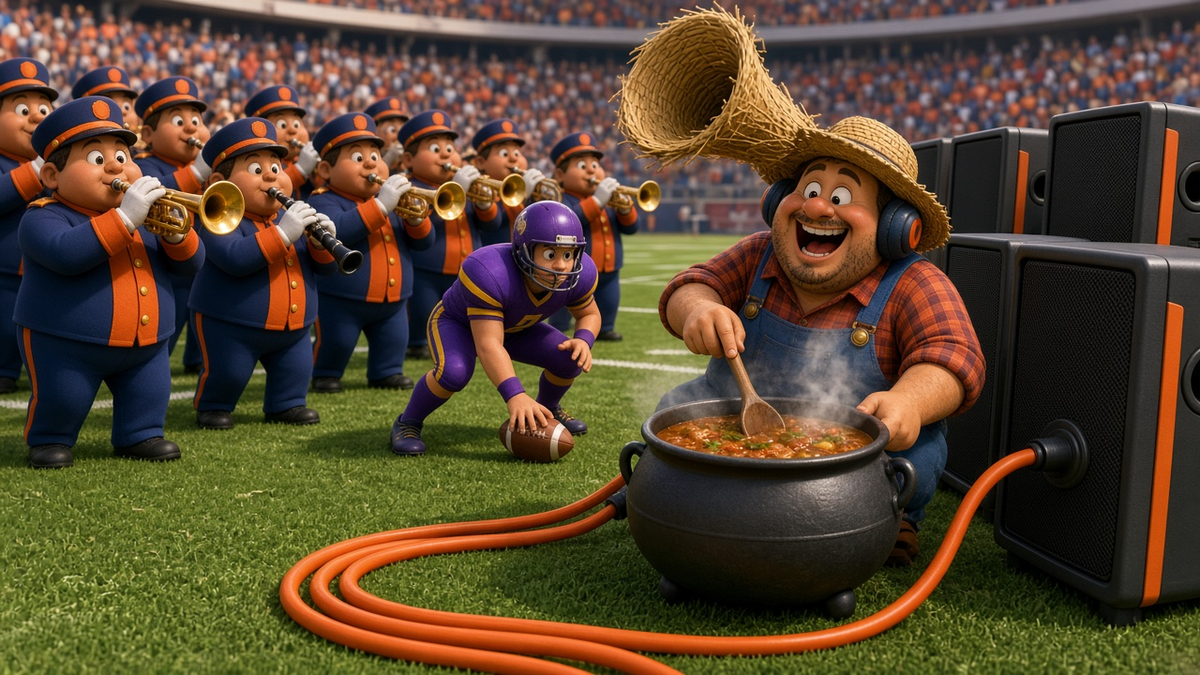Illustration of a sousaphone hooked to a giant vintage microphone on a field-level stage, its sound wave bending the goalposts, while two tiger-striped mascots cover their ears