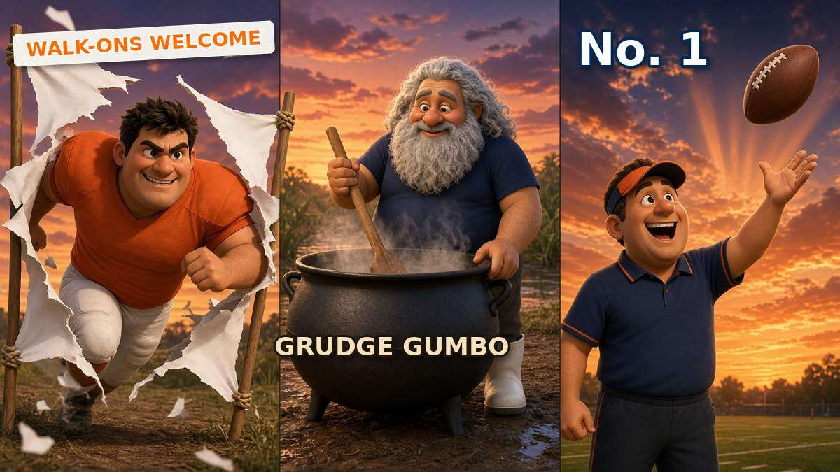 Tennessee running back DeSean Bishop, a former walk-on, and Auburn coach Alex Golesh in a Gridiron Gumbo SEC featured image