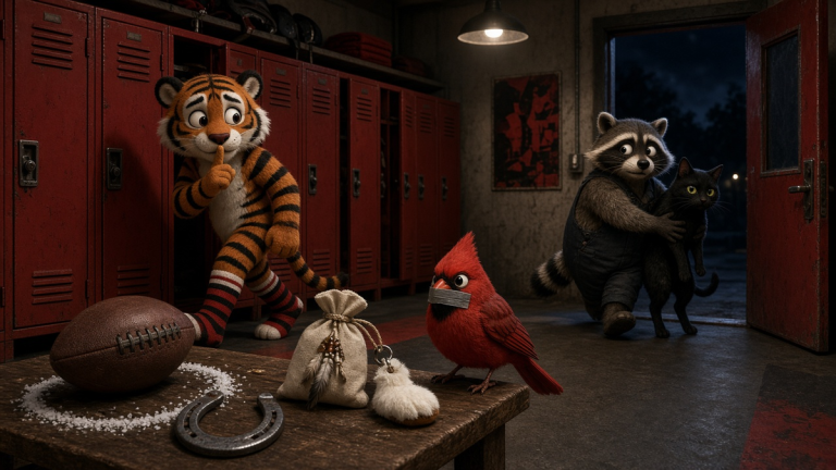 a tiger cub in red, black and white tiptoes past a football inside a circle of good-luck charms while a raccoon carries a black cat out the door