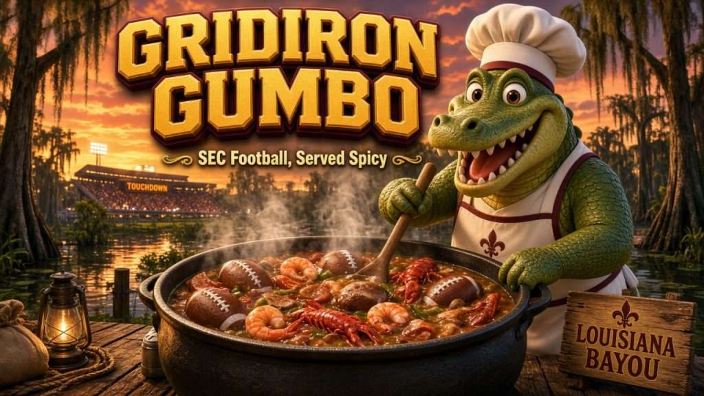 Gridiron Gumbo gator chef stirring a gumbo pot of footballs