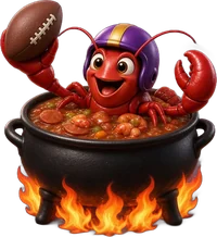 Gridiron Gumbo logo: a crawfish in a football helmet raising a football over a flaming gumbo pot