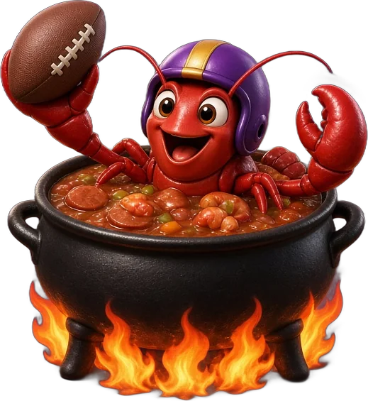 Gridiron Gumbo mascot: a crawfish in a football helmet raising a football over a flaming gumbo pot