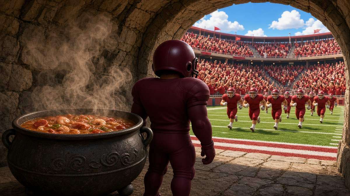 Illustration: receiver in a plain maroon jersey looks out from a tunnel at a crimson-clad team and crowd, a gumbo pot steaming nearby.