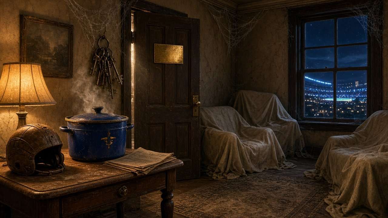 An empty, dusty penthouse with sheet-covered furniture, a steaming blue gumbo pot and an old leather helmet, with a stadium glowing through the window.