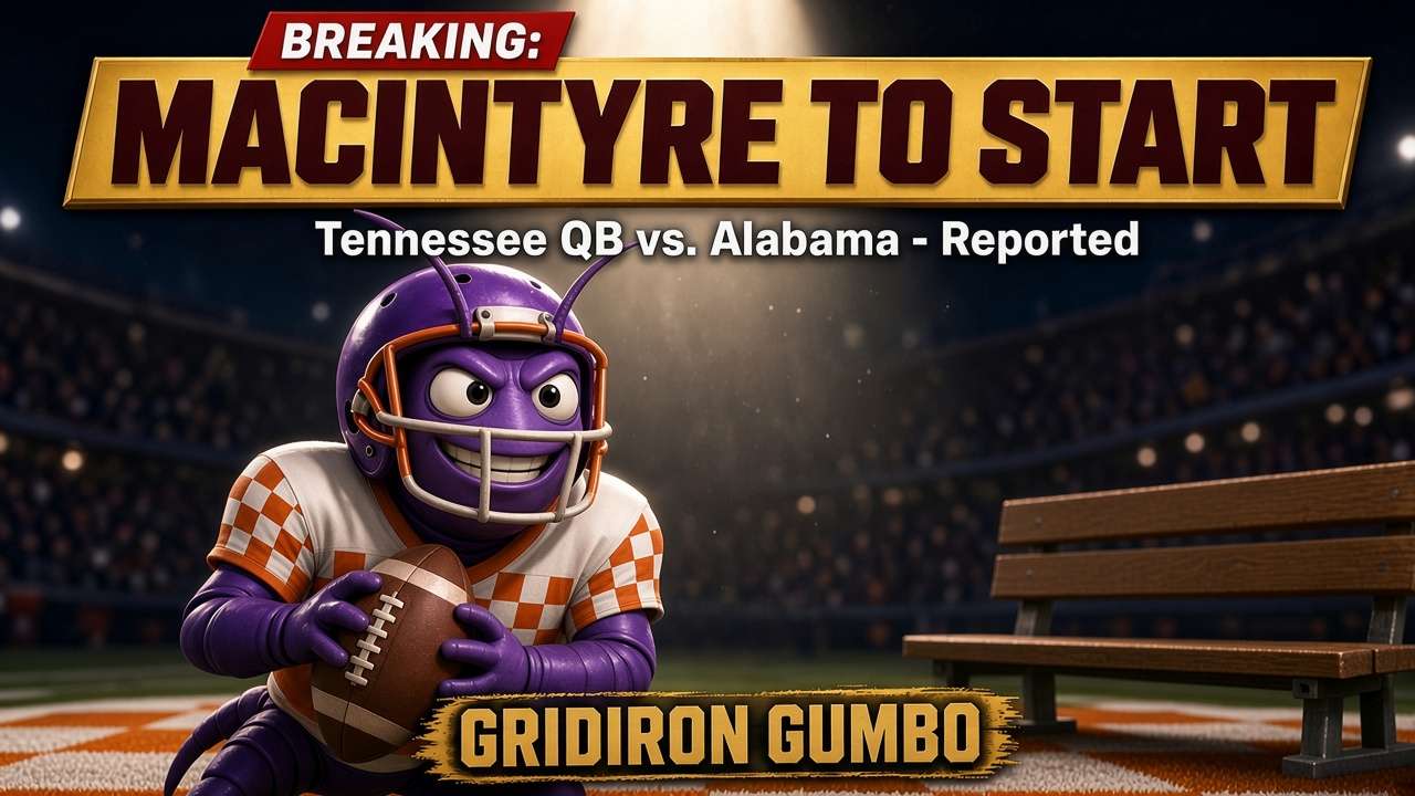 Cartoon crawfish quarterback in orange and white checkerboard with banner: Breaking, MacIntyre to start