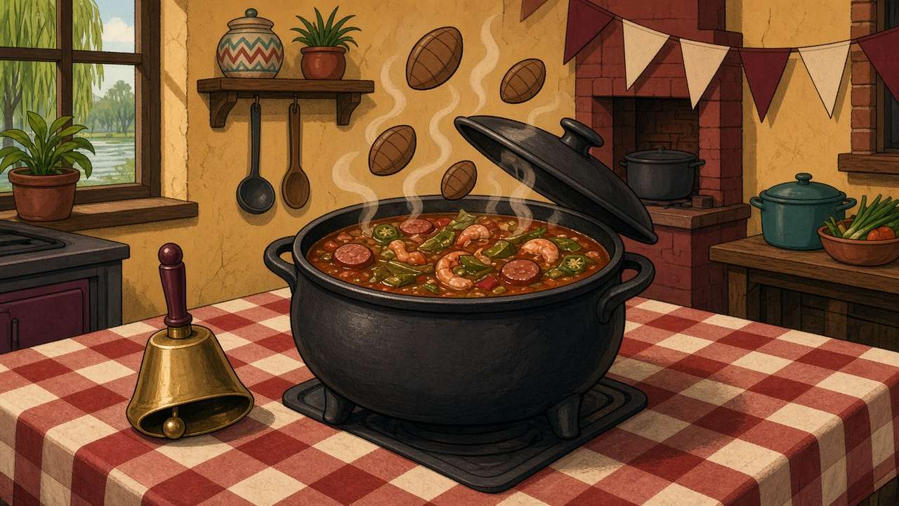 Cartoon gumbo pot between a cowbell and a crimson-and-cream checkered tablecloth