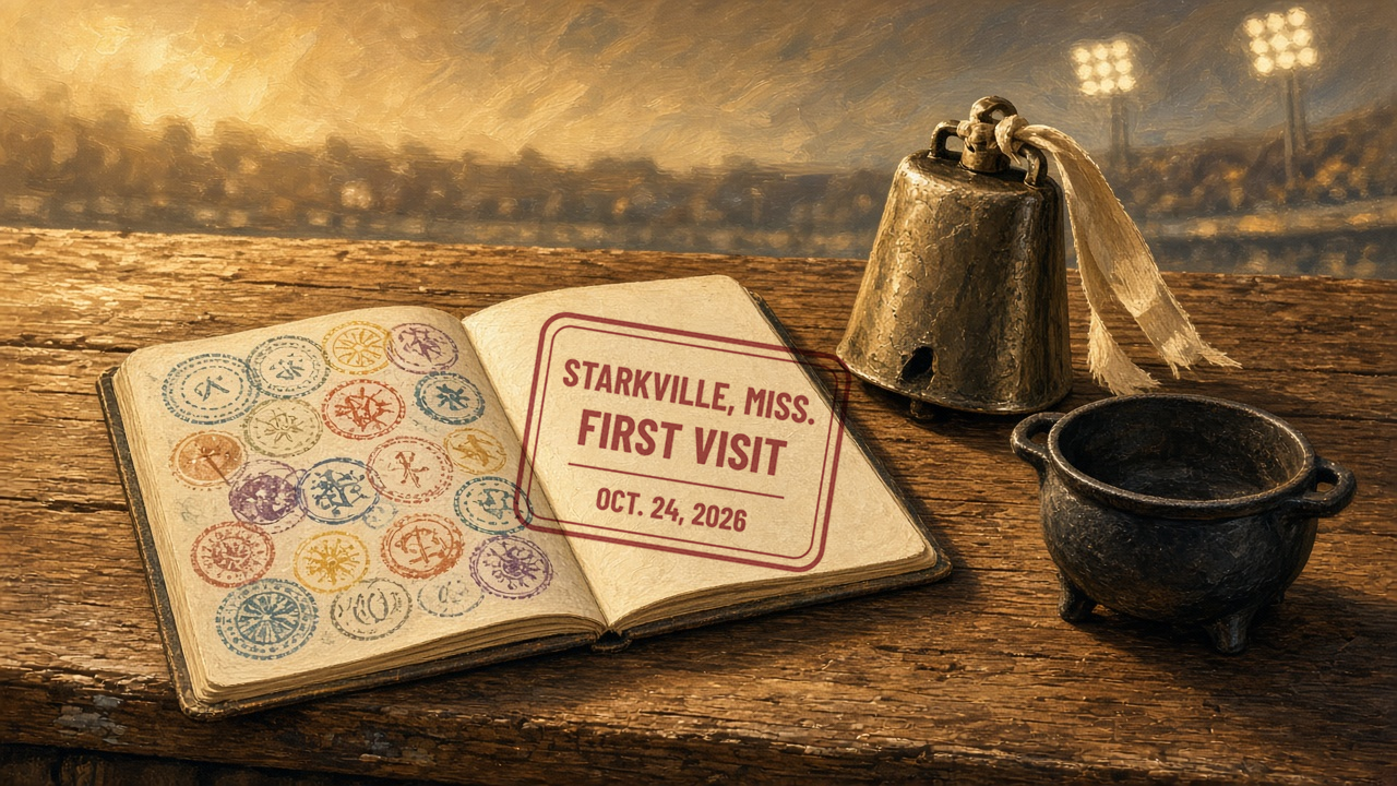 A worn travel passport on a tailgate table with a fresh maroon Starkville, Miss. first-visit stamp dated Oct. 24, 2026, beside a cowbell and a small cast-iron gumbo pot.