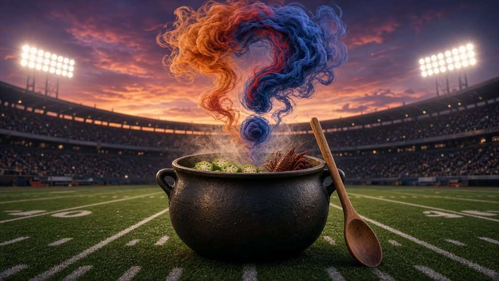 A cast-iron gumbo pot sits on a football field at dusk as burnt-orange and blue steam twist into a question mark, with a wooden spoon leaning against the pot.