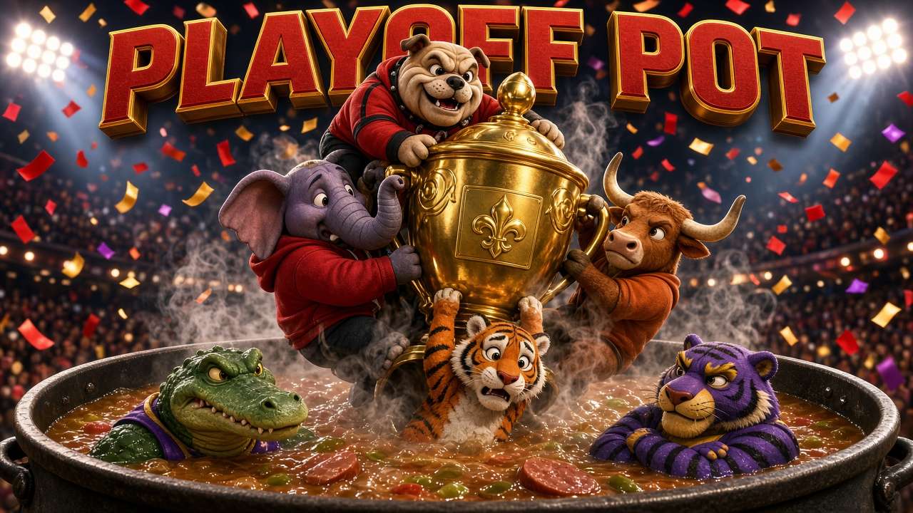 Cartoon critters fighting over a gold trophy in a giant gumbo pot under the words Playoff Pot
