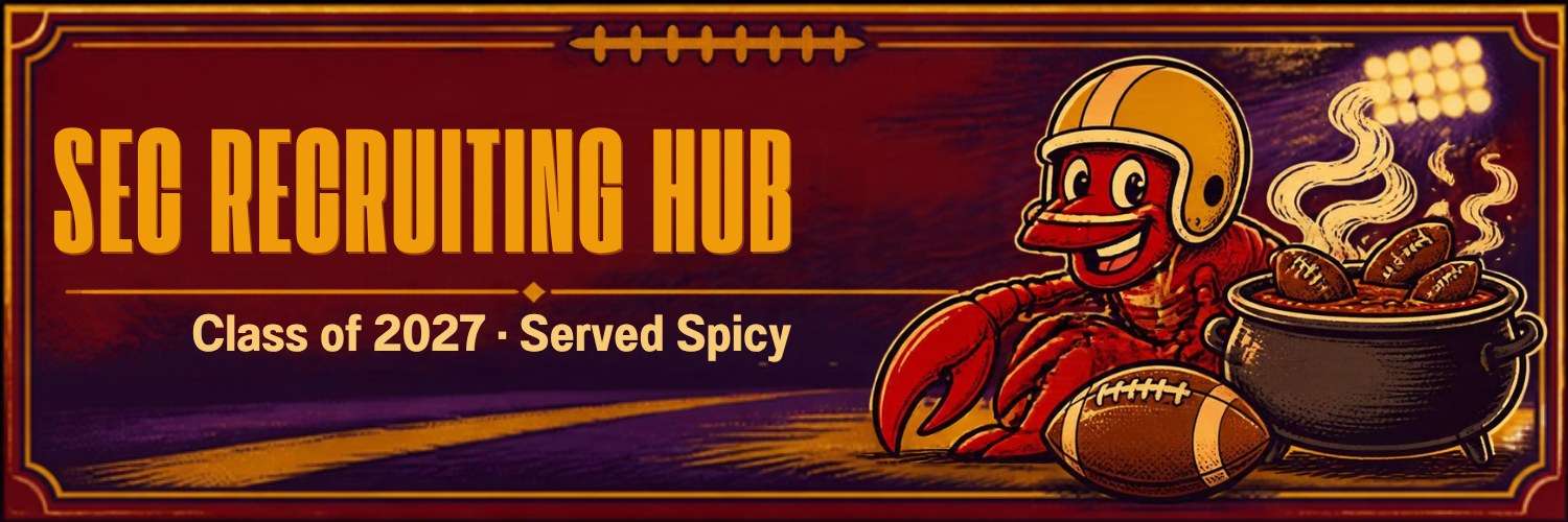 SEC Recruiting Hub banner: a cartoon crawfish in a gold football helmet next to a steaming gumbo pot full of footballs