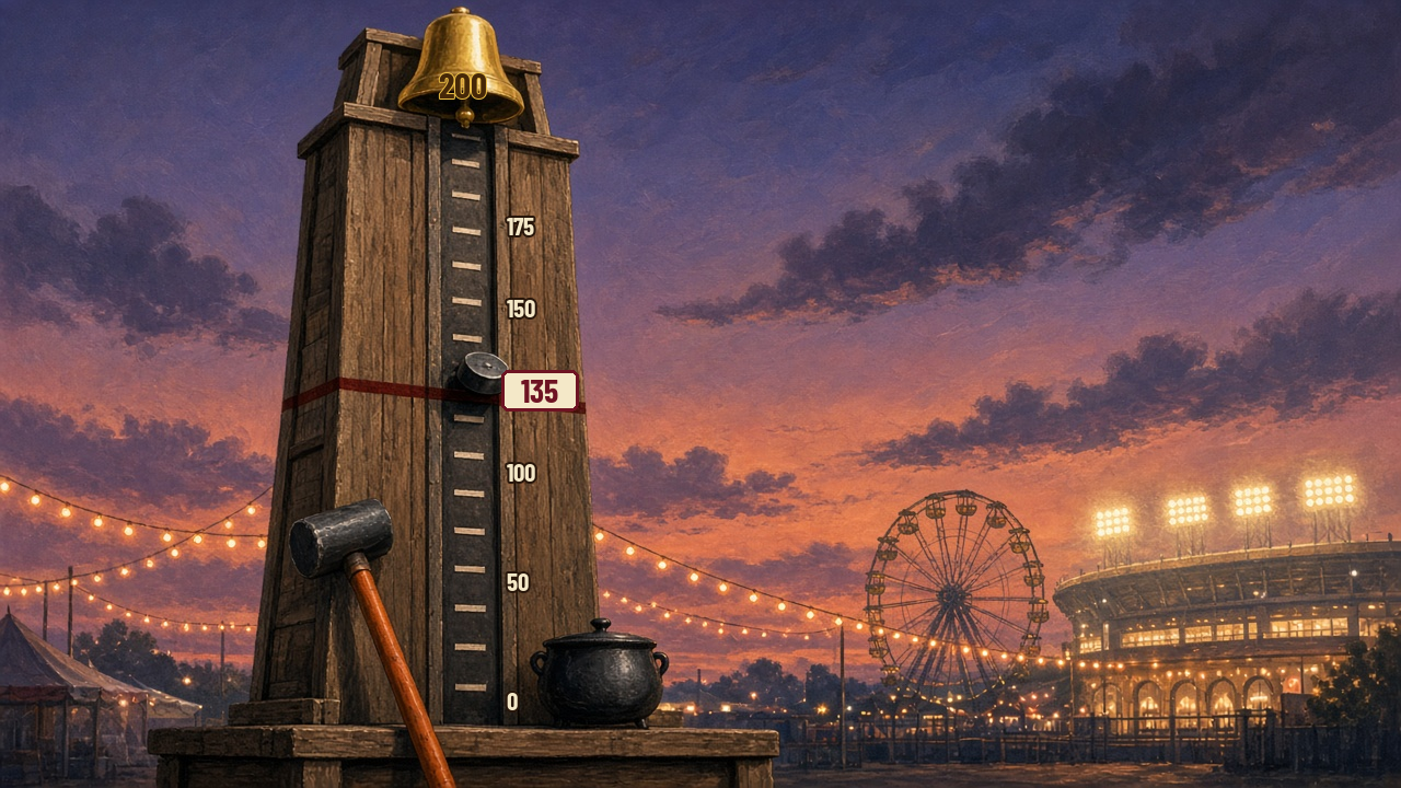 Illustration of a carnival strength-test game with a bell marked 200 and a puck stuck at 135, next to a gumbo pot, with a stadium and Ferris wheel in the background.