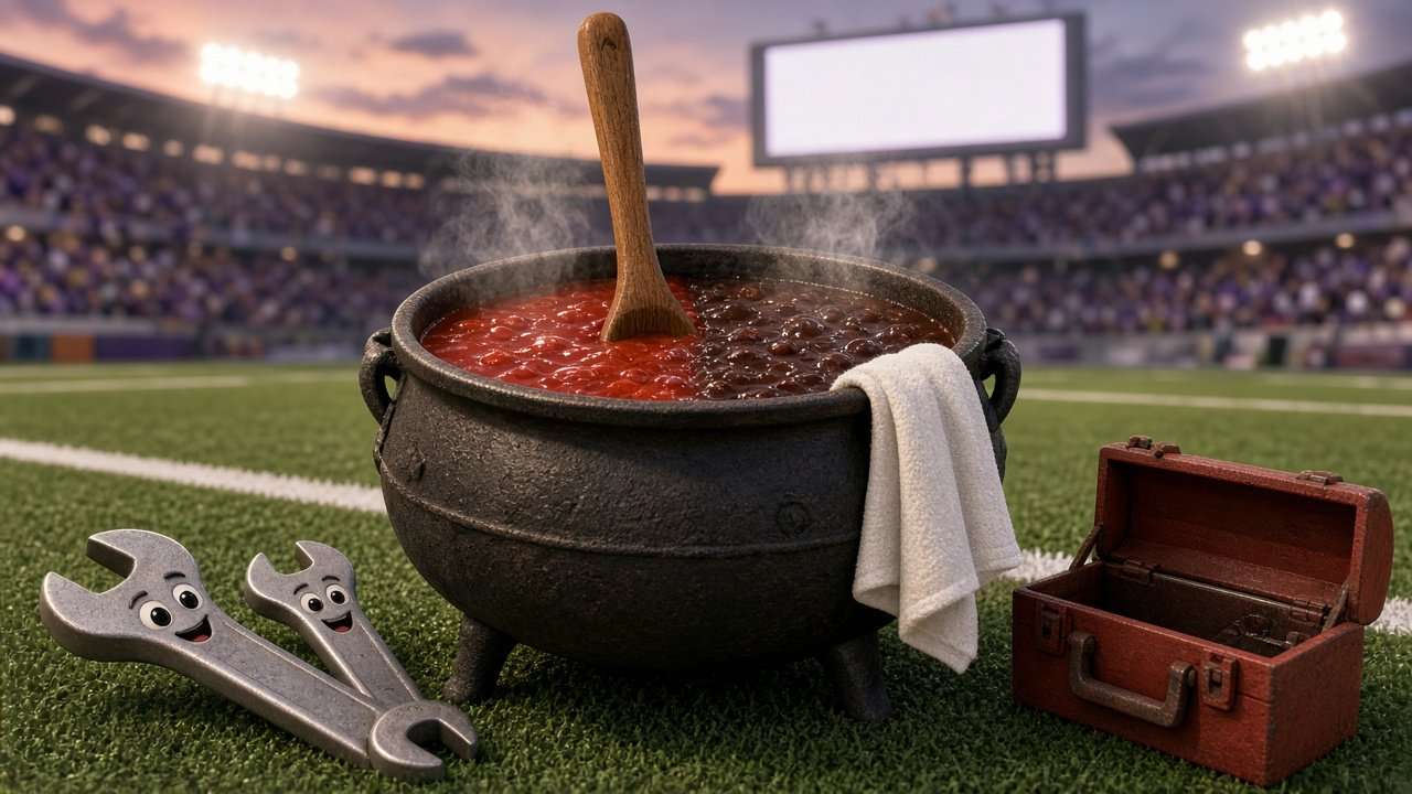 A cast-iron gumbo pot split between red and dark broth sits on a stadium sideline with a towel on its handle, two cartoon wrenches and an open red toolbox beside it.